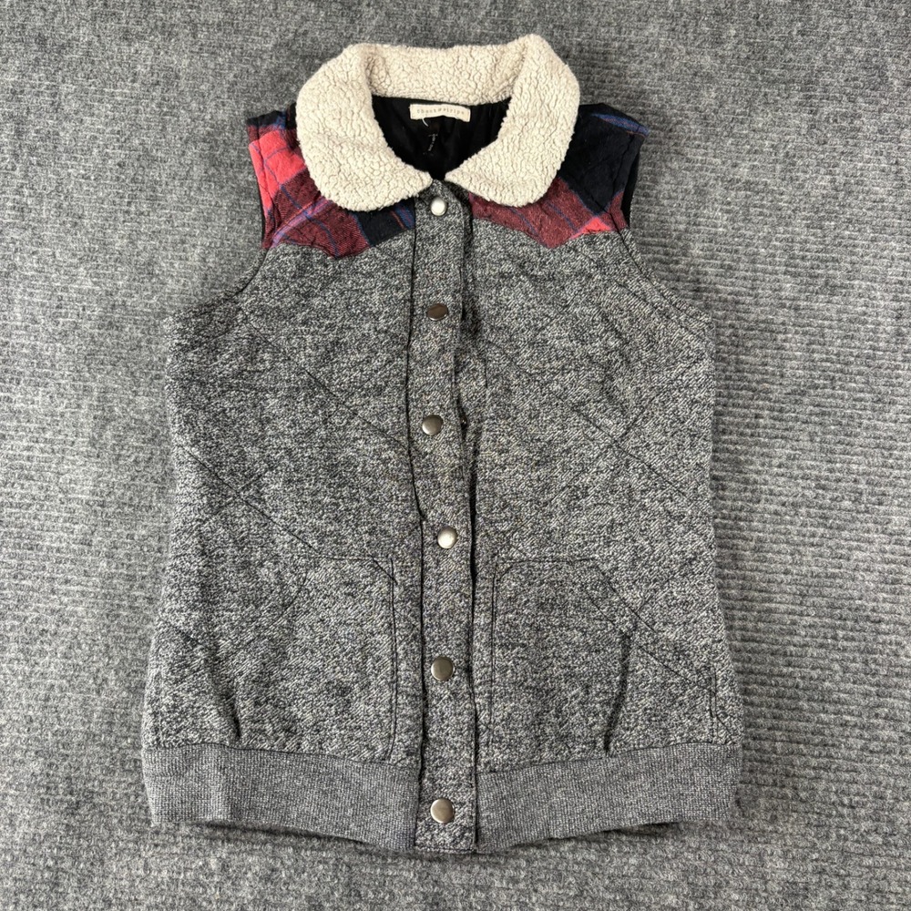 Check & Stripe Womens Gray Quilted Vest Sherpa Collar Plaid Yoke Small 4693